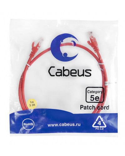 Патч-корд медный U/UTP кат.5е (1м) LSZH (красный) Cabeus (PC-UTP-RJ45-Cat.5e-1m-RD-LSZH) в Самаре Патч-корды и пигтейлы Pintop.ru