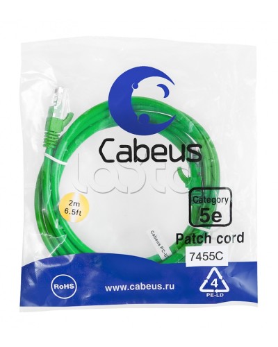 Патч-корд UTP, категория 5е, 2 м, неэкранированный, зеленый Cabeus PC-UTP-RJ45-Cat.5e-2m-GN в Самаре Патчкорды (медные) Pintop.ru