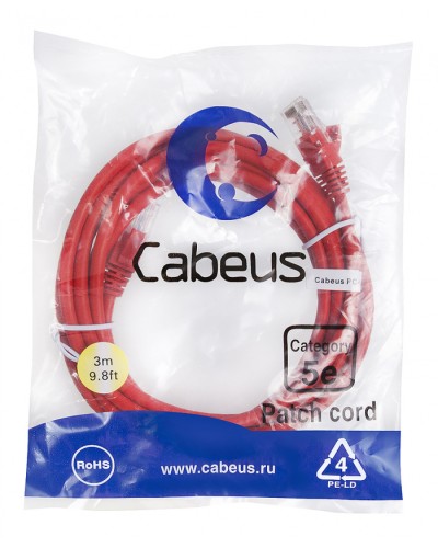 Патч-корд медный U/UTP кат.5е (3м) LSZH (красный) Cabeus (PC-UTP-RJ45-Cat.5e-3m-RD-LSZH) в Самаре Патч-корды и пигтейлы Pintop.ru