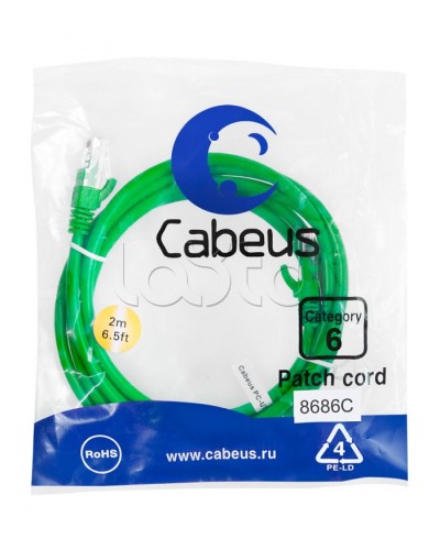 Патч-корд UTP, категория 6, 2 м, неэкранированный, зеленый Cabeus PC-UTP-RJ45-Cat.6-2m-GN в Самаре Патчкорды (медные) Pintop.ru